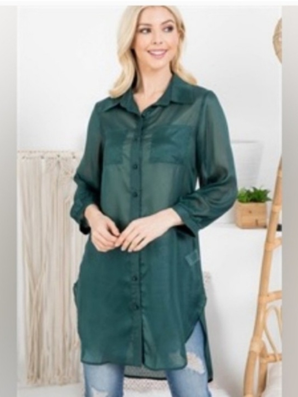 AVAILABLE Sheer Long Shirt Dusty Teal Sz S NWT
